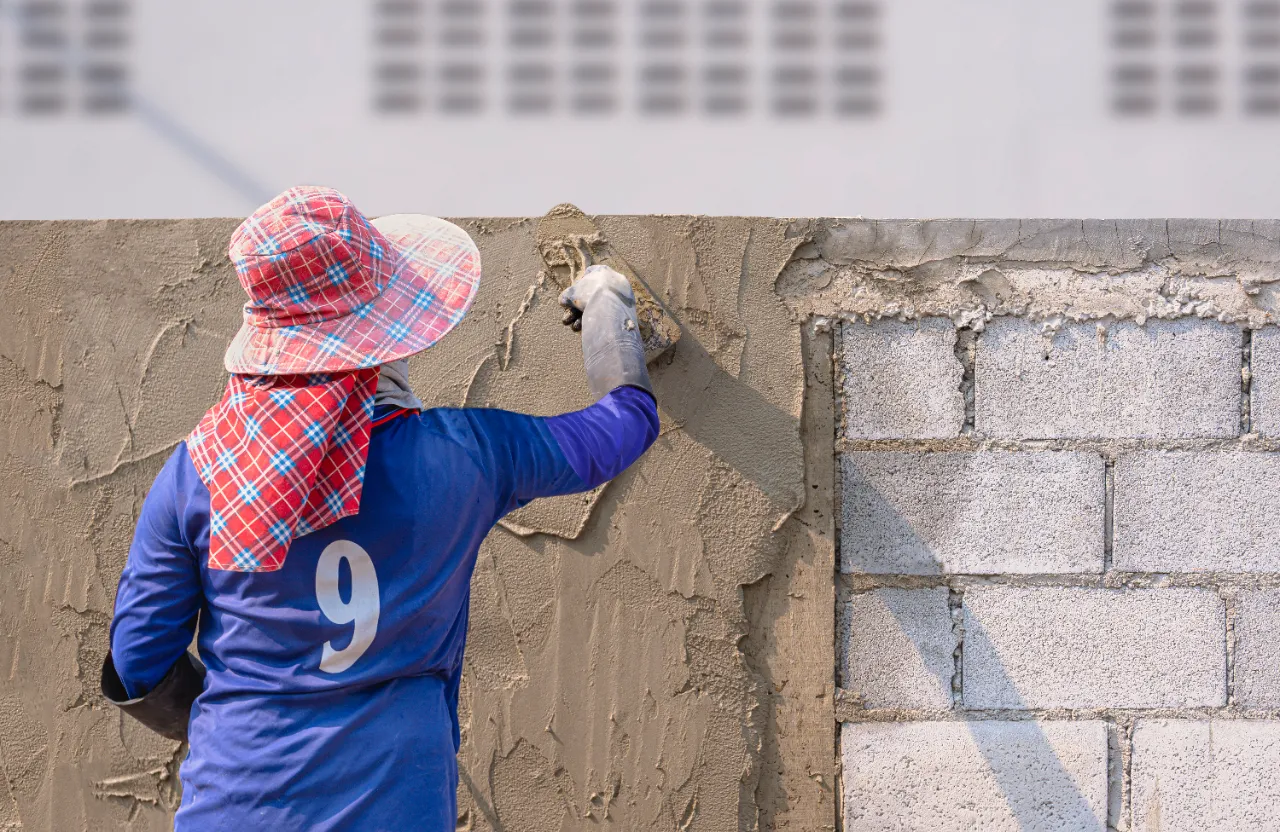 Worker plastering exterior in New Jersey